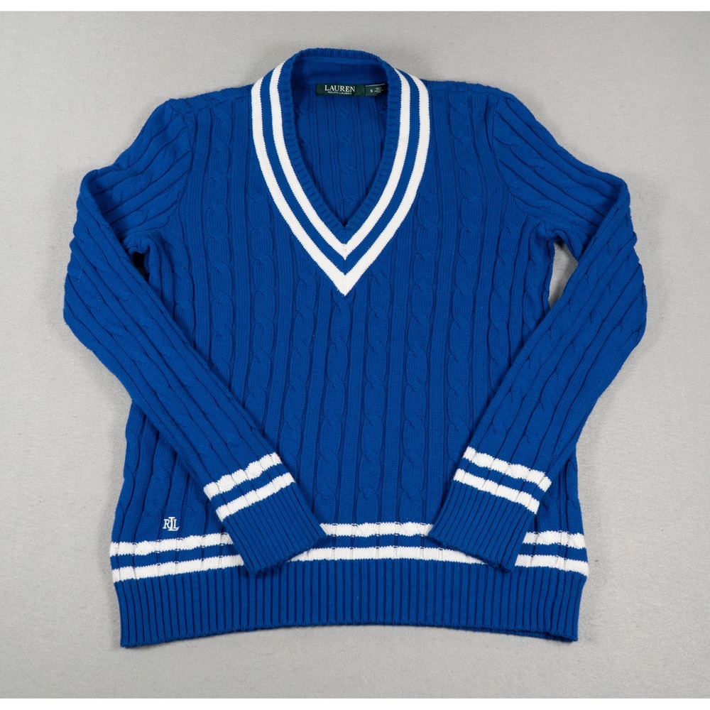 Lauren Ralph Lauren V-Neck Cable Knit Varsity Stripe Blue Sweater S Preppy